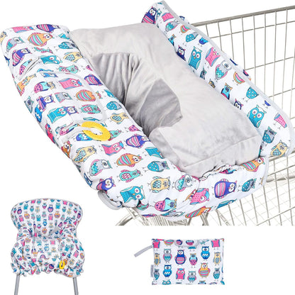 Suessie Shopping Cart Cover and High Chair Cover Owls with Cushion variant front view displaying the plush bolster pillow.
