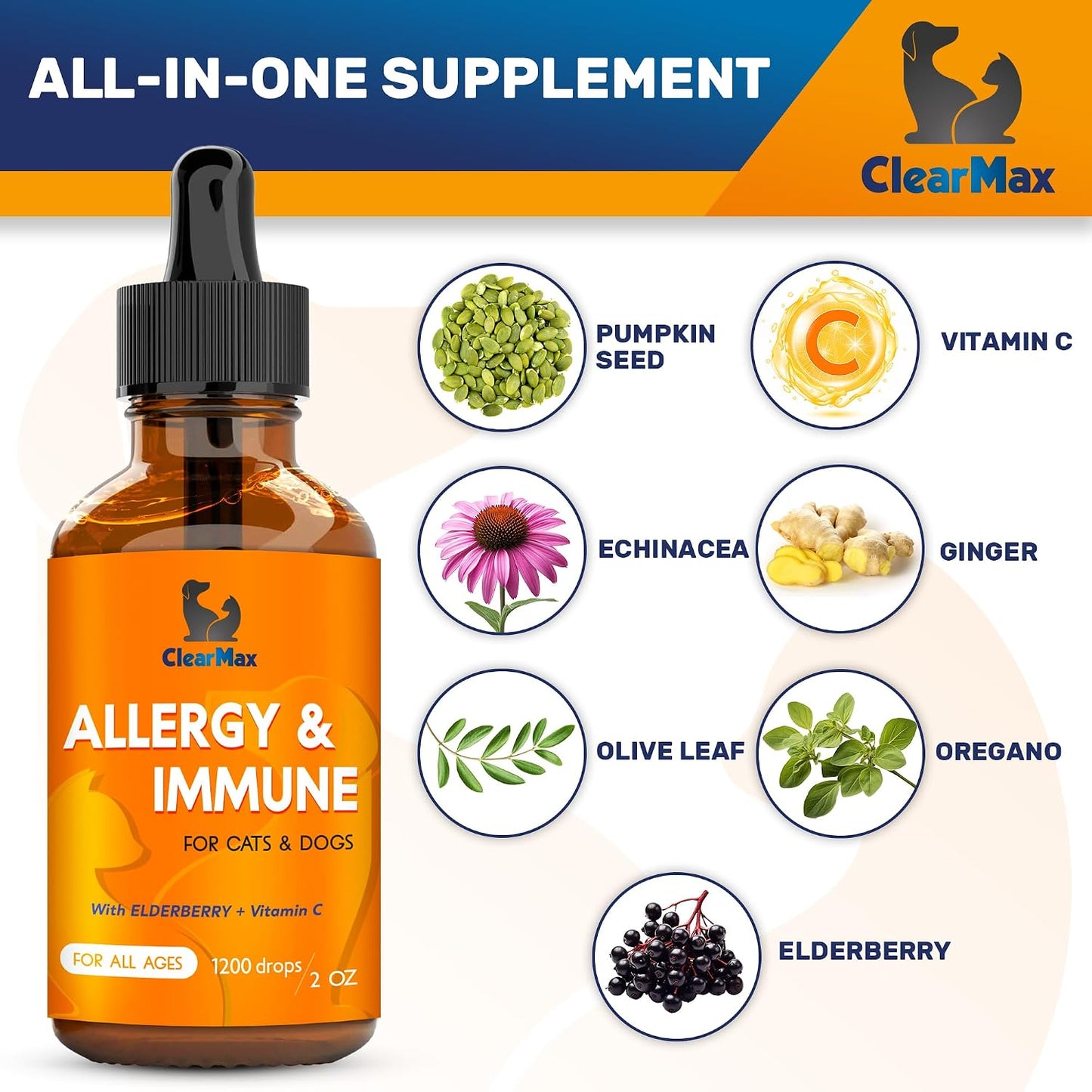 Clear Max allergy and immune supplement bottle showing organic ingredients for pet skin irritation