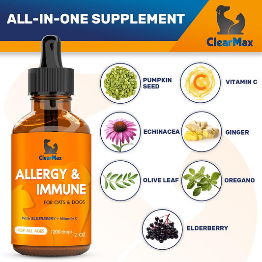 Clear Max allergy and immune supplement bottle showing organic ingredients for pet skin irritation