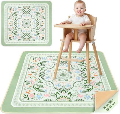 Unicorn Castle Splat Mat under high chair front view catching baby food spills
