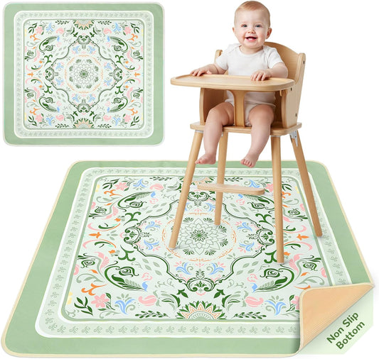 Unicorn Castle Splat Mat under high chair front view catching baby food spills