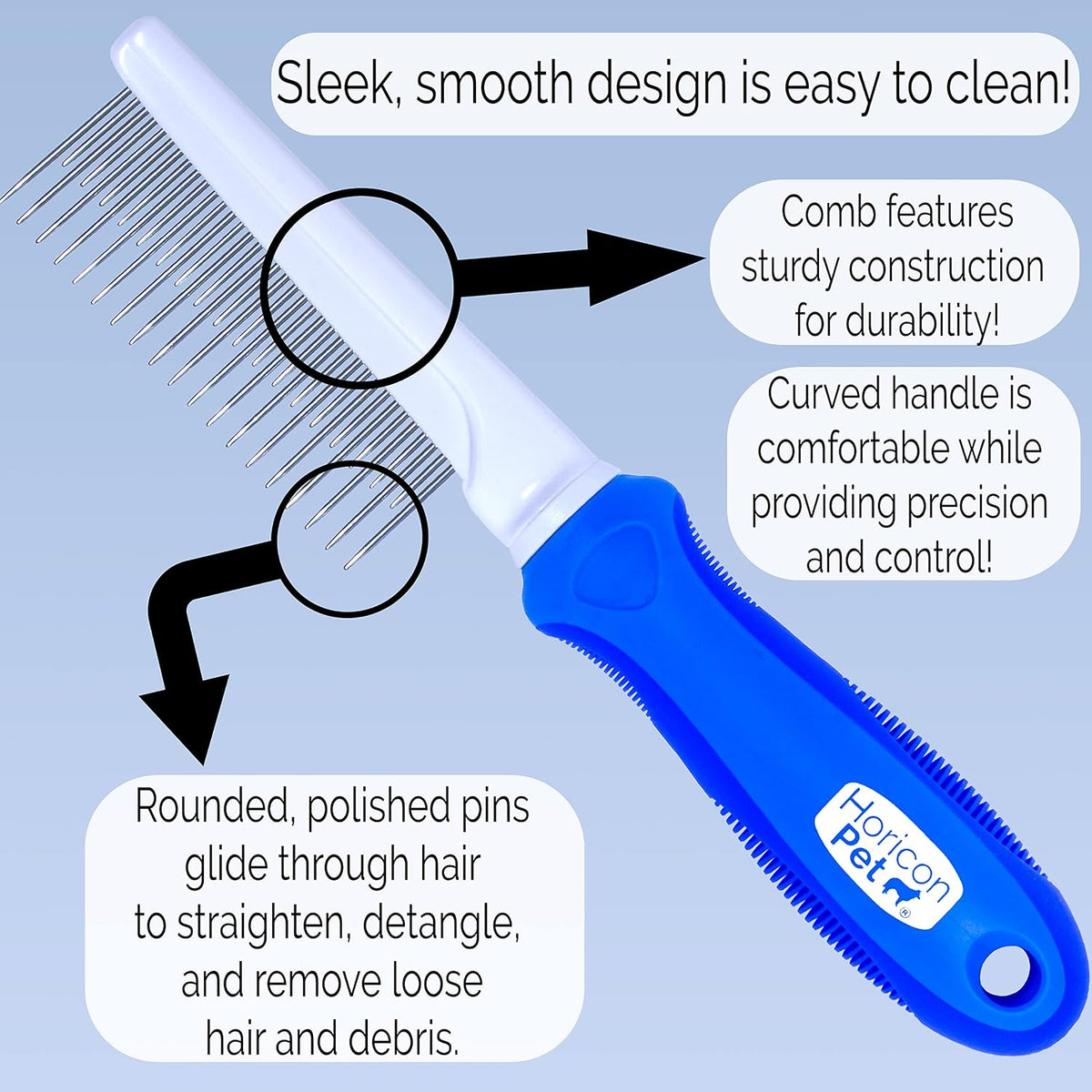 Horicon Pet mat remover comb being used gently on a long haired dogs thick coat