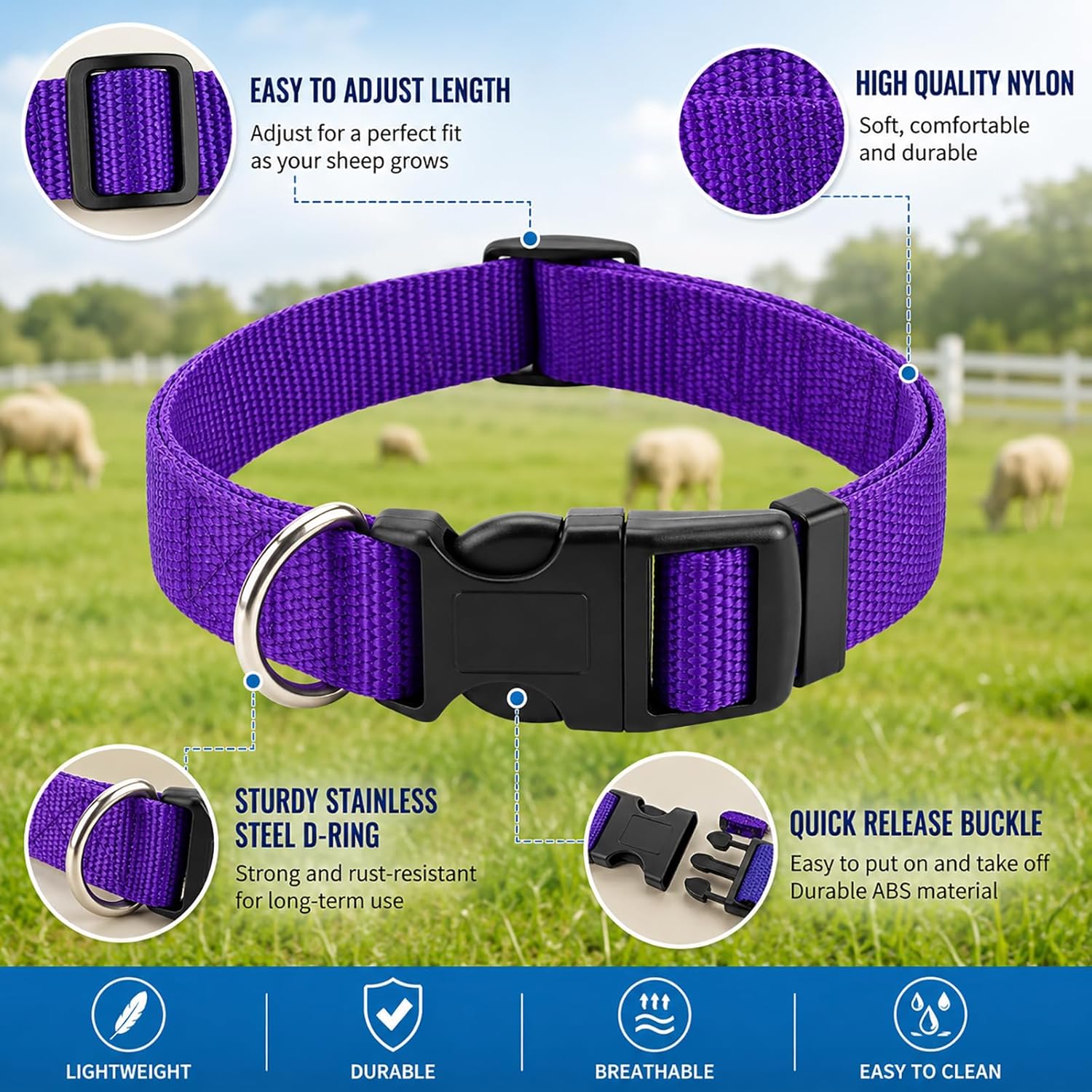 Detailed view of the copper bronze grazing bell attached to the heavy duty nylon pet collar hardware.