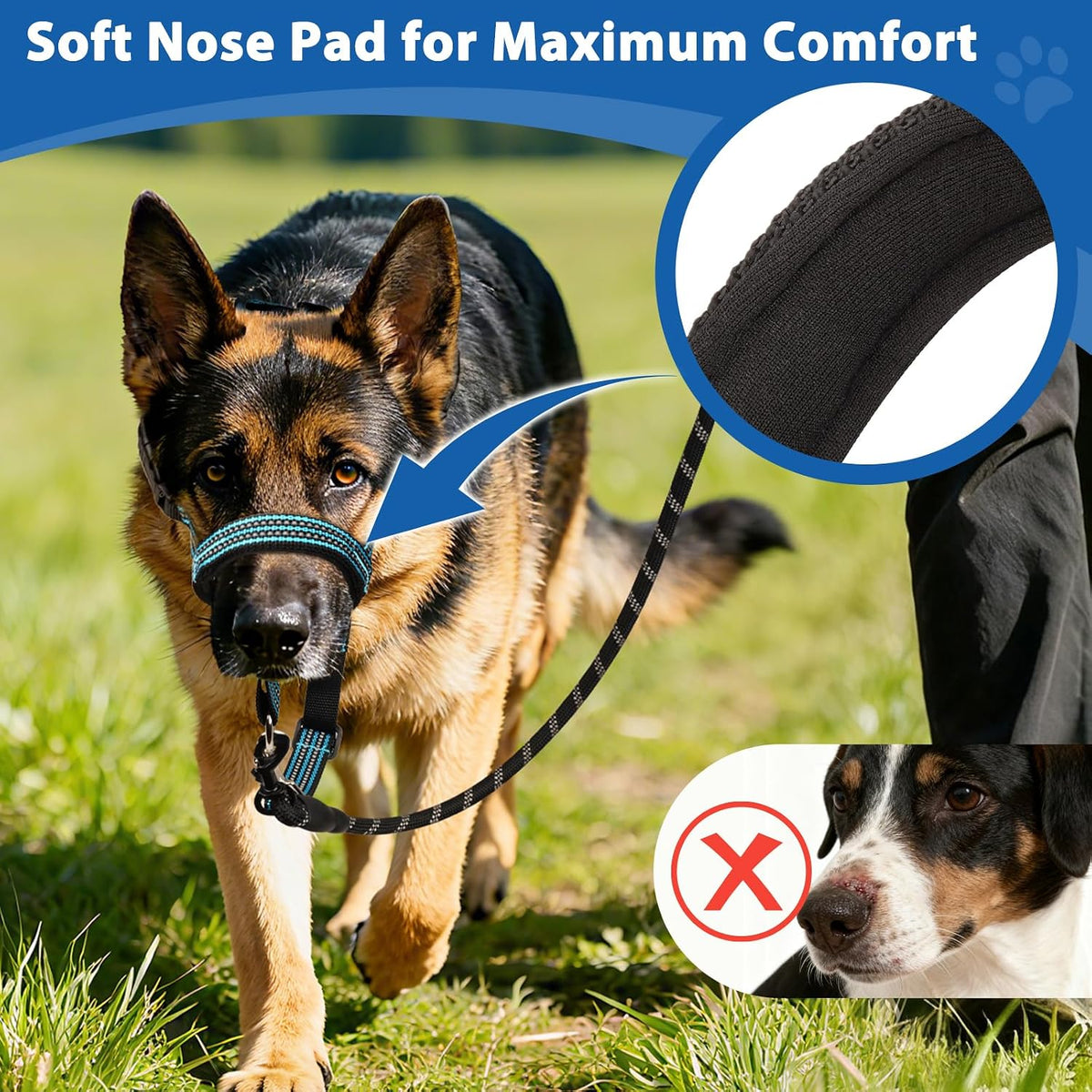 Barkless dog head halter soft padded snout strap close up view