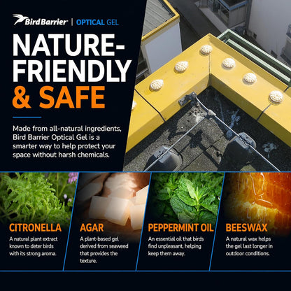 Humane bird repellent gel pucks applied near residential balcony railings