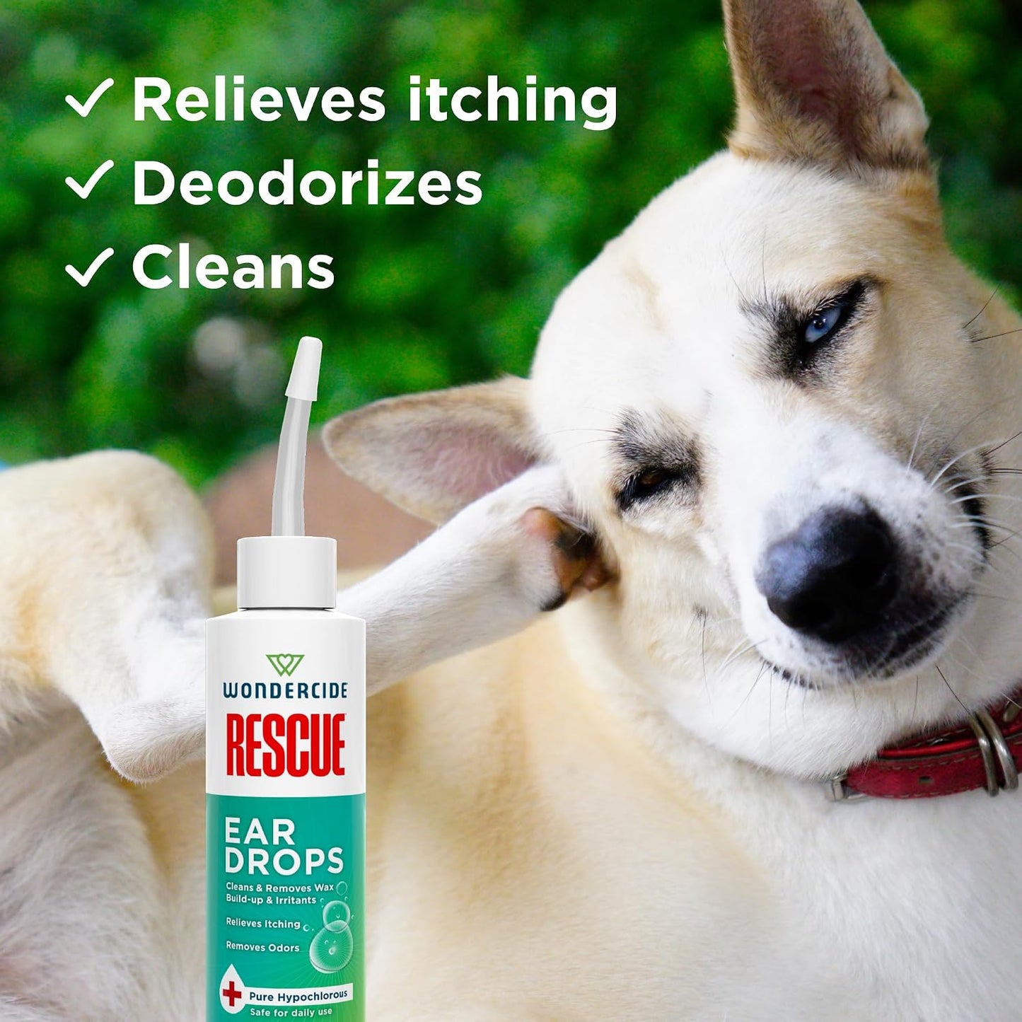 Wondercide ear drops bottle showing natural ingredients list
