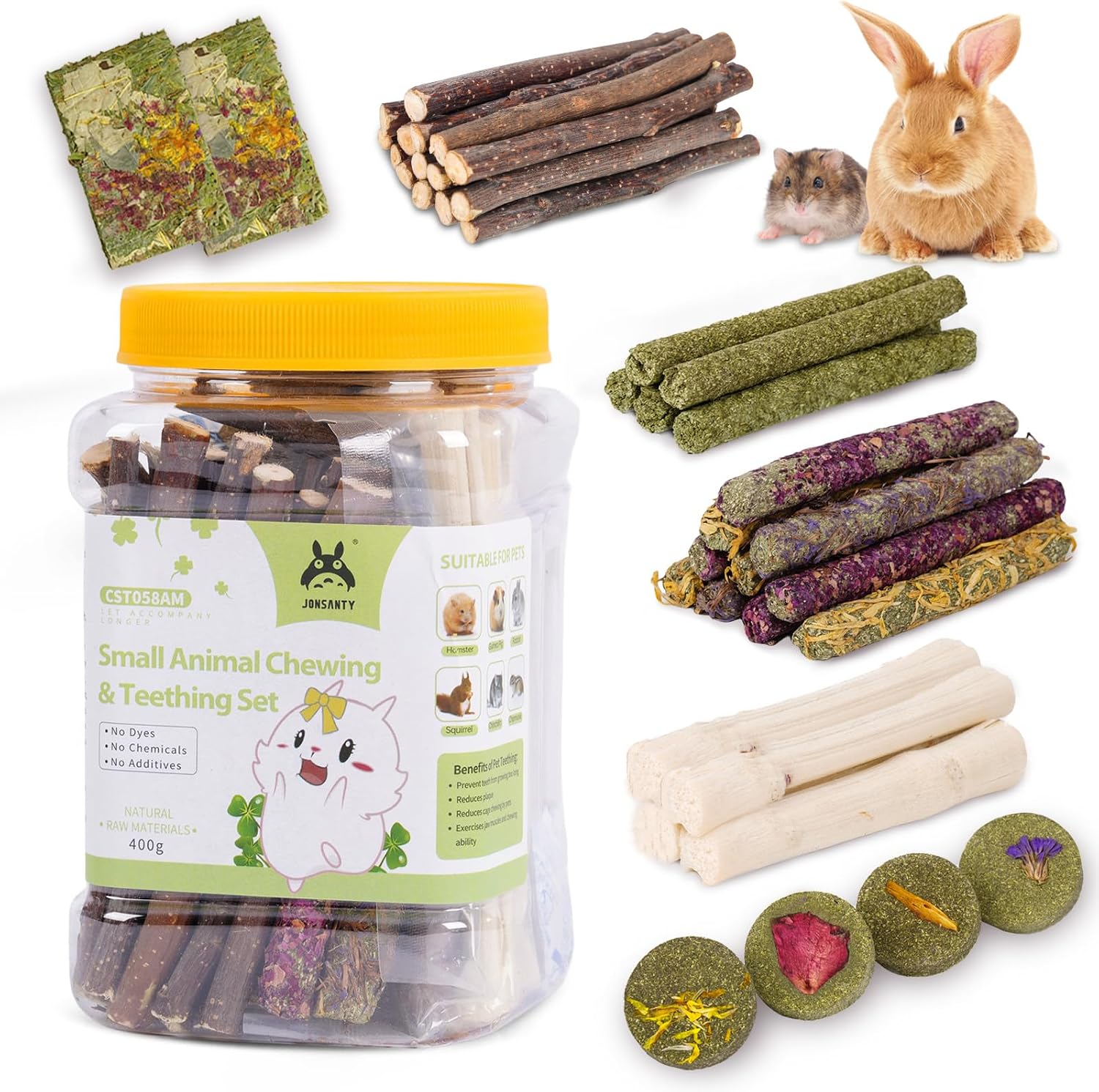 Jons Nty natural rabbit chew toys jar front view featuring timothy and apple sticks for small pets