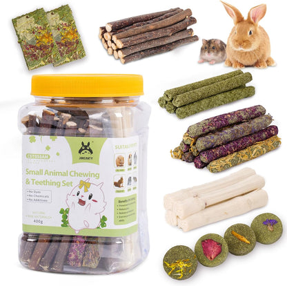 Jons Nty natural rabbit chew toys jar front view featuring timothy and apple sticks for small pets
