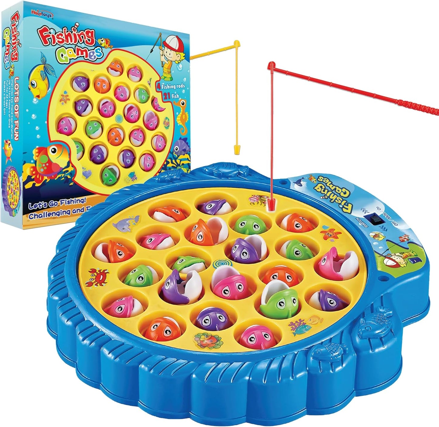 Haktoys Fishing Game Toy Set front view showing the blue rotating board and colorful fish