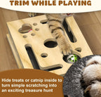 Indoor cat playing with a wooden puzzle scratcher box toy for mental stimulation