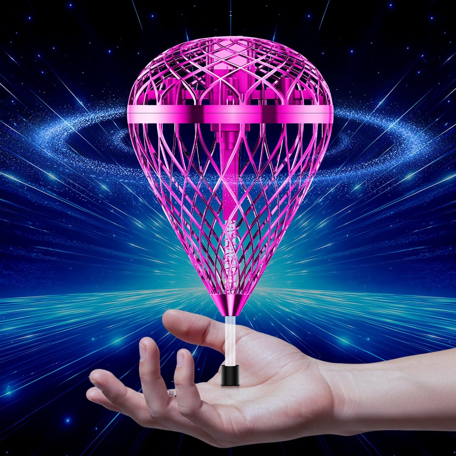 Tikduck 2026 Flying Bouncing Ball Toy front view showing purple protective cage and glowing lights.