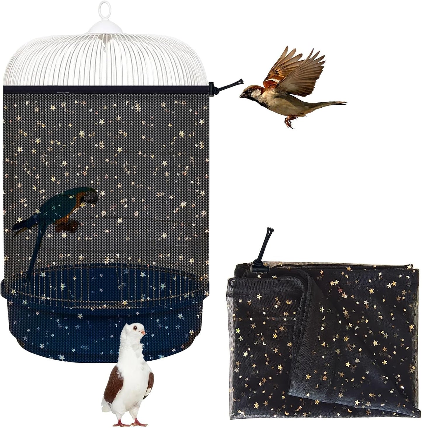 Bird Cage Seed Catcher, 45-90'' Adjustable Bird Cage Cover, Universal Nylon Bird Cage Mesh Net, Bird Cage Skirt Guard Accessories for Parrot Parakeet Macaw Round Square Cage (White) - Image 12