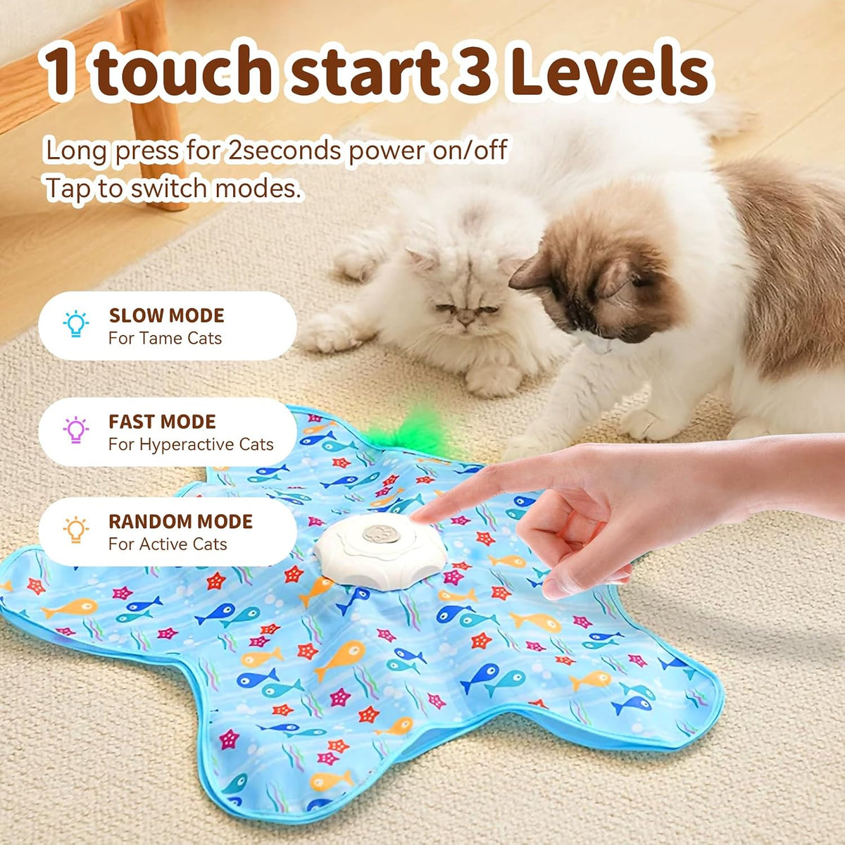 Automatic electronic motion cat toy with a concealed moving feather wand extended.