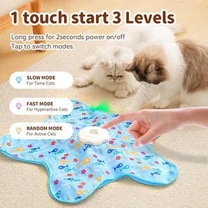 Automatic electronic motion cat toy with a concealed moving feather wand extended.