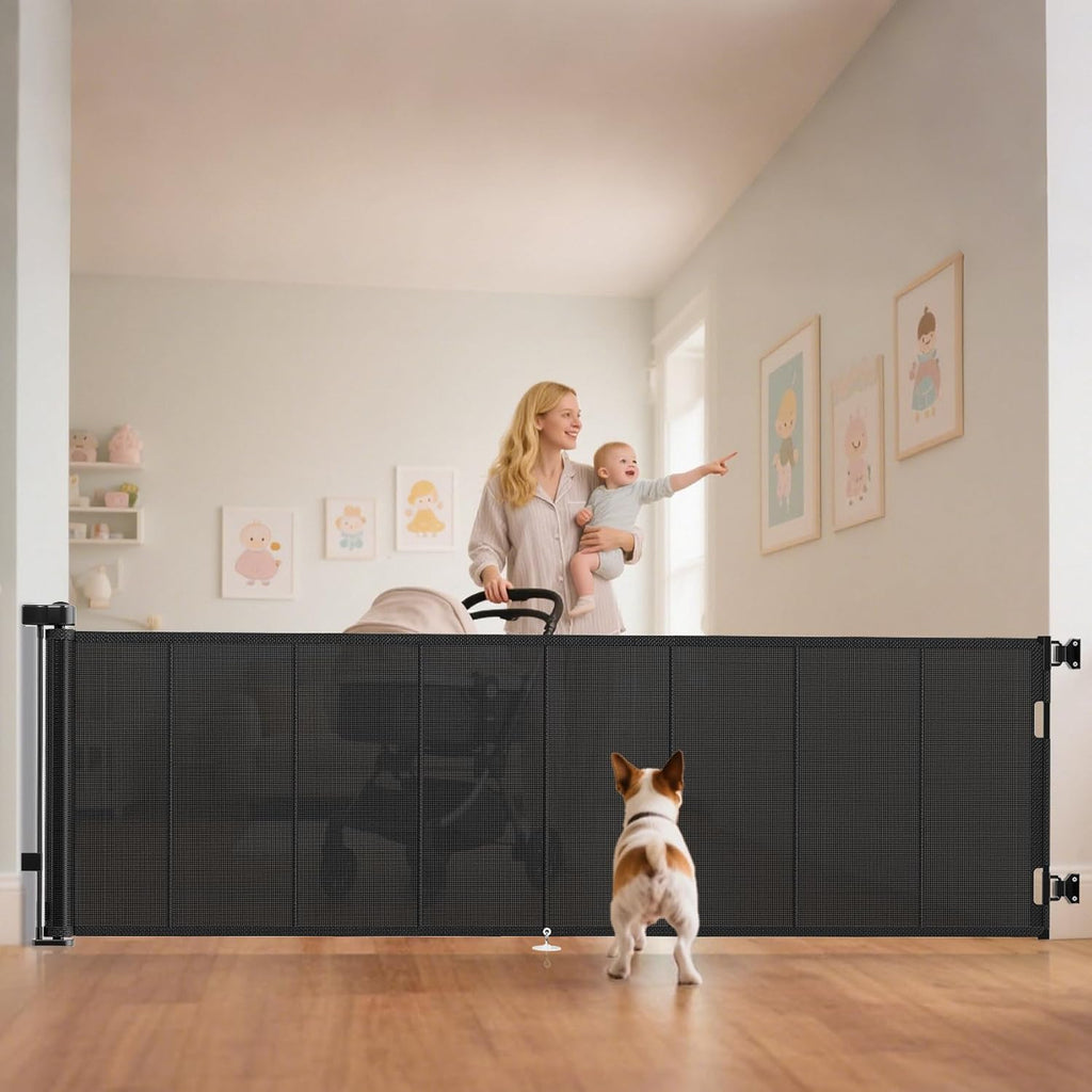Miumoon 120 inch retractable baby gate front view extended across a wide living room opening