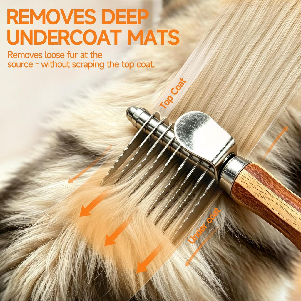 LARYEECHA stainless steel undercoat rake showing rounded safety blades