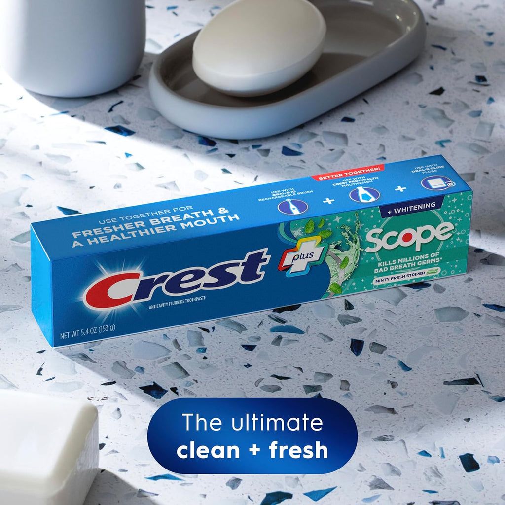 Crest + Scope Whitening Toothpaste - Pack of 3, 5.4 Oz Tubes - Anticavity Fluoride Toothpaste, Fresh Breath, Kills Germs - Tartar Protection, Enamel Protection - Minty Fresh Flavor - Image 2
