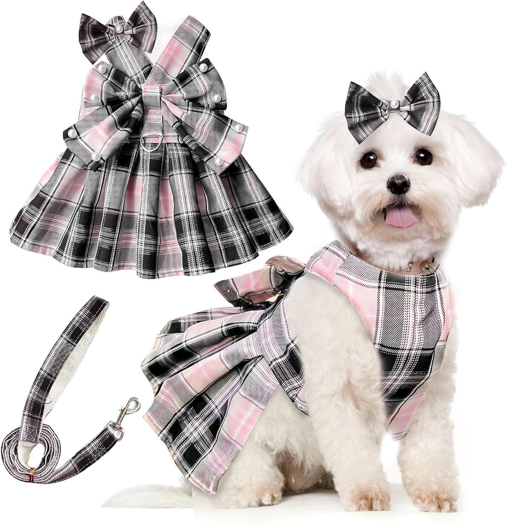 PETCARE Cute Dog Dress Clothes for Small Dogs Cats Girl Female Purple Plaid Bow Tie Dog Harness Dresses Leash Set with Pearls Bow Accessories Birthday Puppy Dress Shih Tzu Yorkies Chihuahua Outfits - Image 10