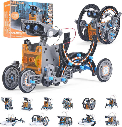 AESGOGO 12-In-1 Solar Robot Kit front packaging view showcasing various assembled mechanical robot forms.