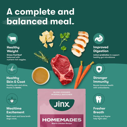 Jinx pet food homestyles recipe mixed with healthy carrots and spinach