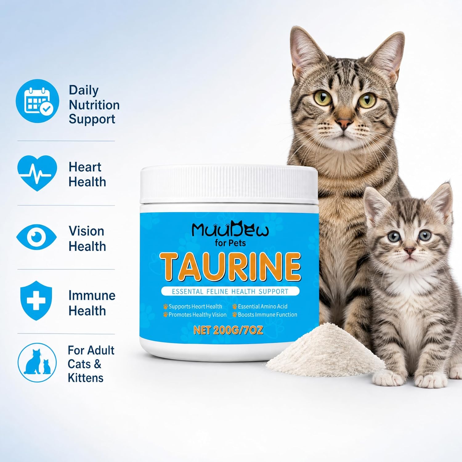 Authentic USA imported cat taurine powder showing the side label with product features and information.