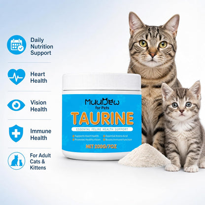 Authentic USA imported cat taurine powder showing the side label with product features and information.
