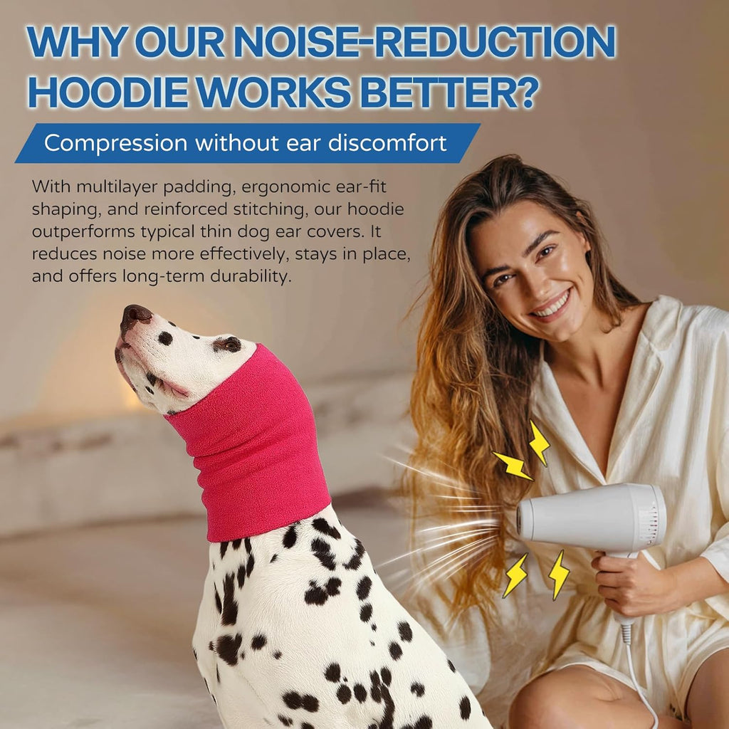 Double layer pink dog ear muffs being used during a pet grooming and drying session.
