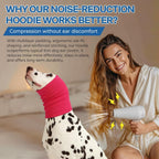 Double layer pink dog ear muffs being used during a pet grooming and drying session.