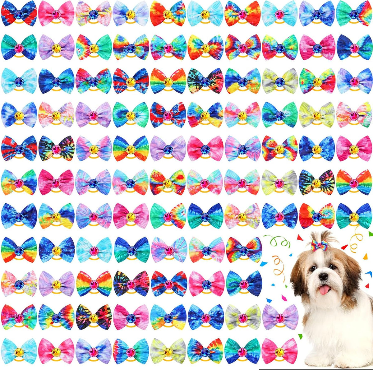 Tondiamo 100 pack tie dye dog hair bows front view with rhinestones