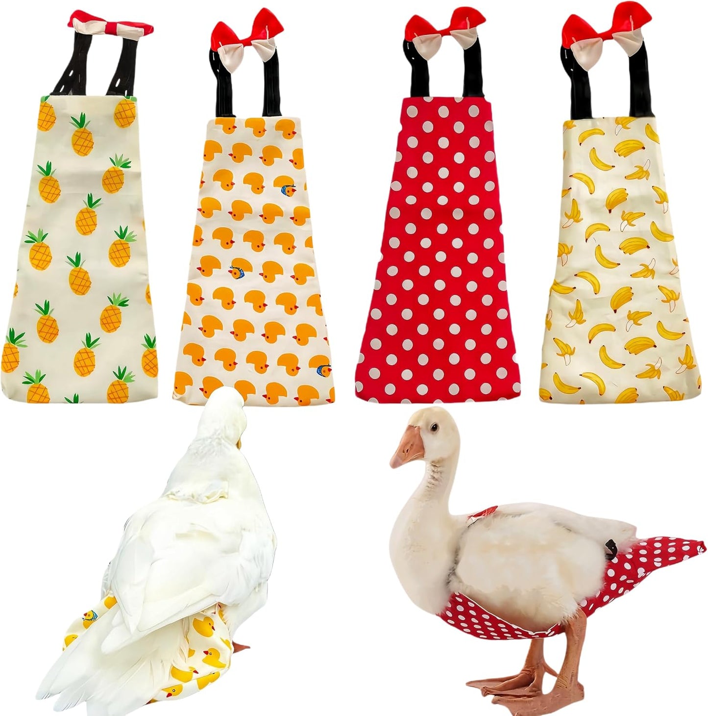 Magnoloran reusable chicken diapers front view featuring colorful pineapple and yellow duck patterns for indoor poultry.