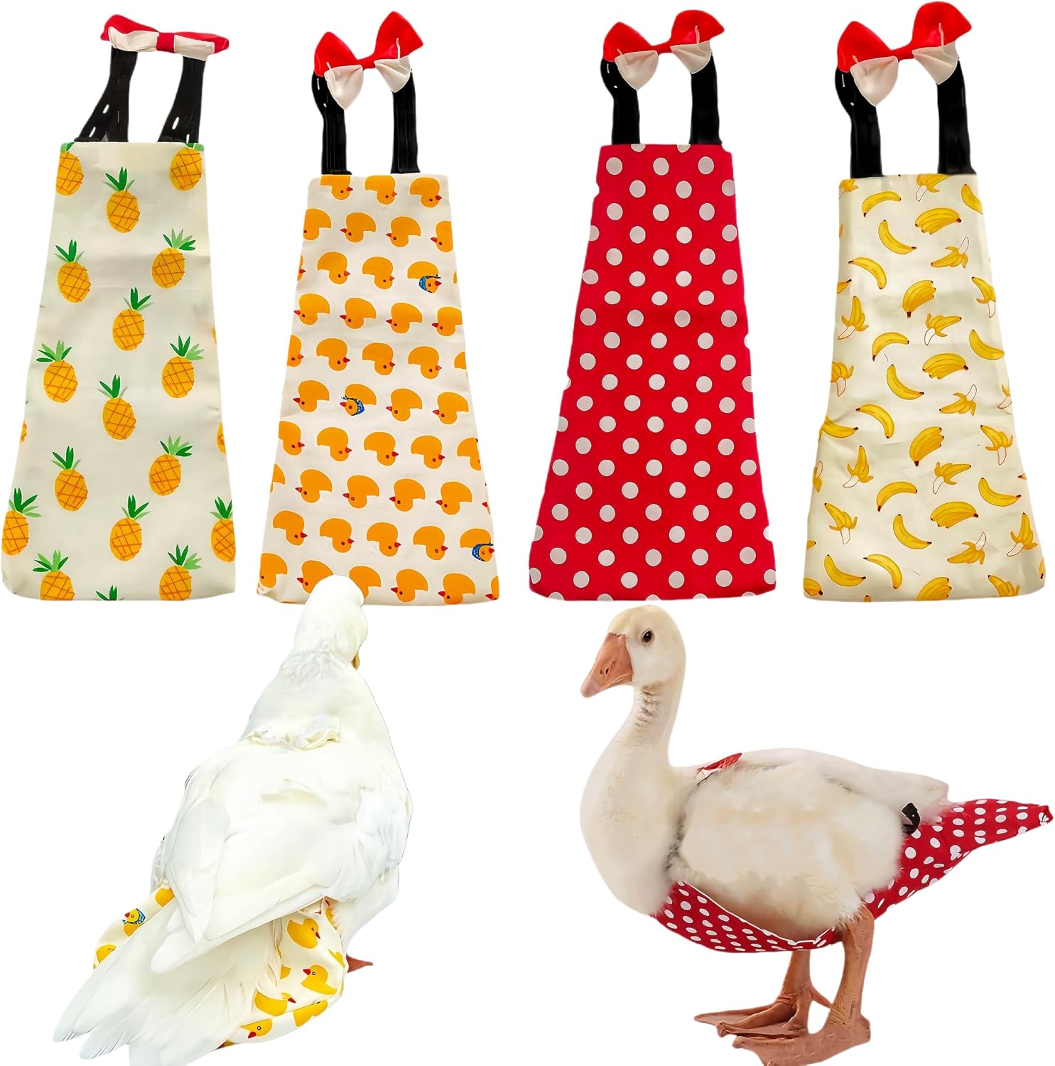 Magnoloran reusable chicken diapers front view featuring colorful pineapple and yellow duck patterns for indoor poultry.