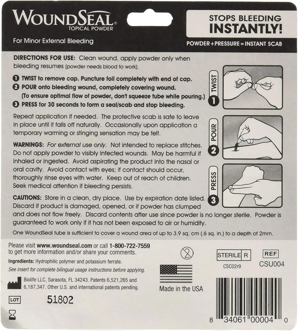 WoundSeal hemostatic powder box showing 4 applications