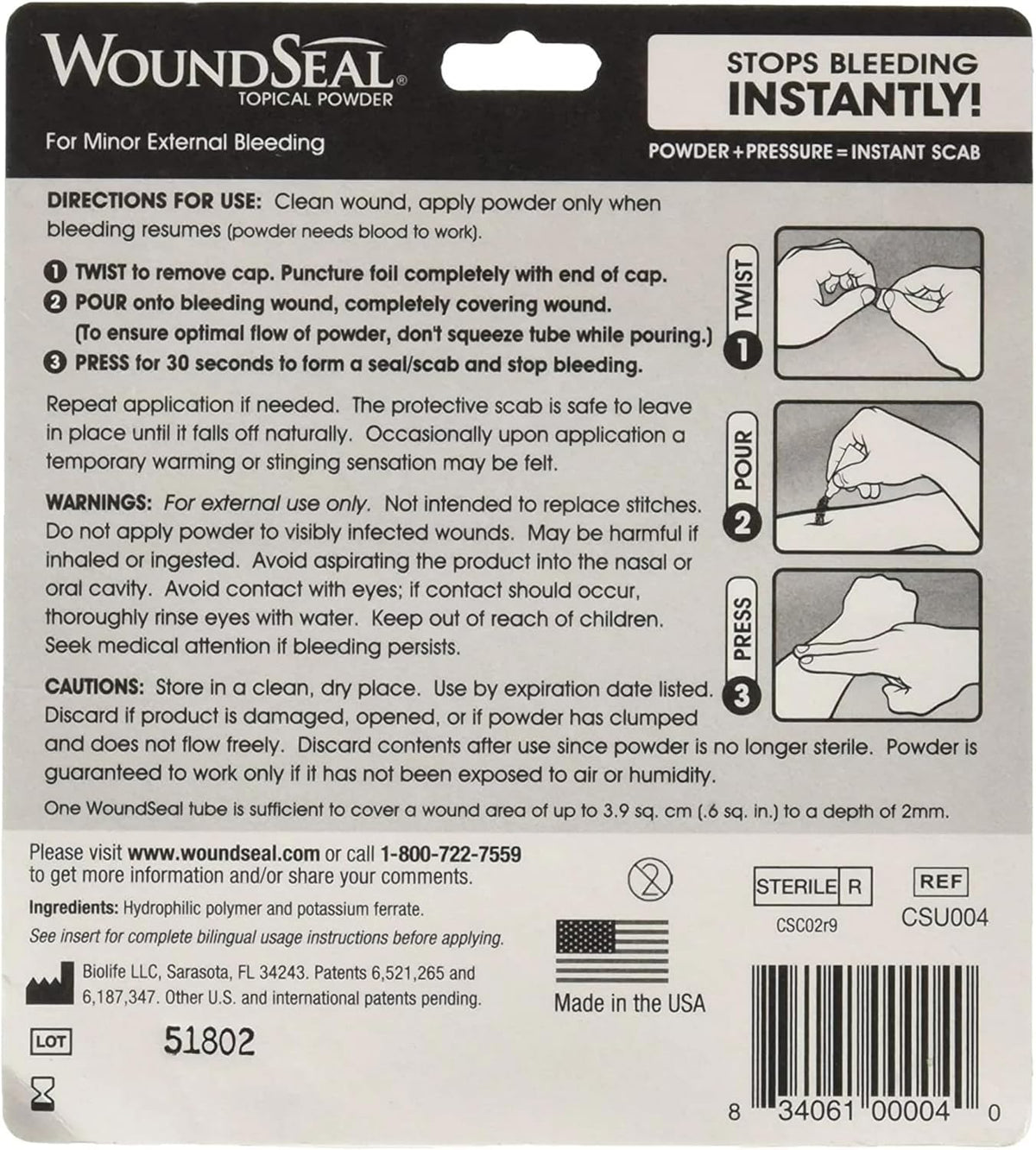 WoundSeal hemostatic powder box showing 4 applications
