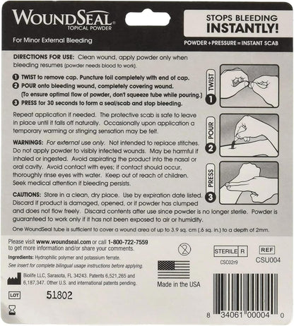WoundSeal hemostatic powder box showing 4 applications