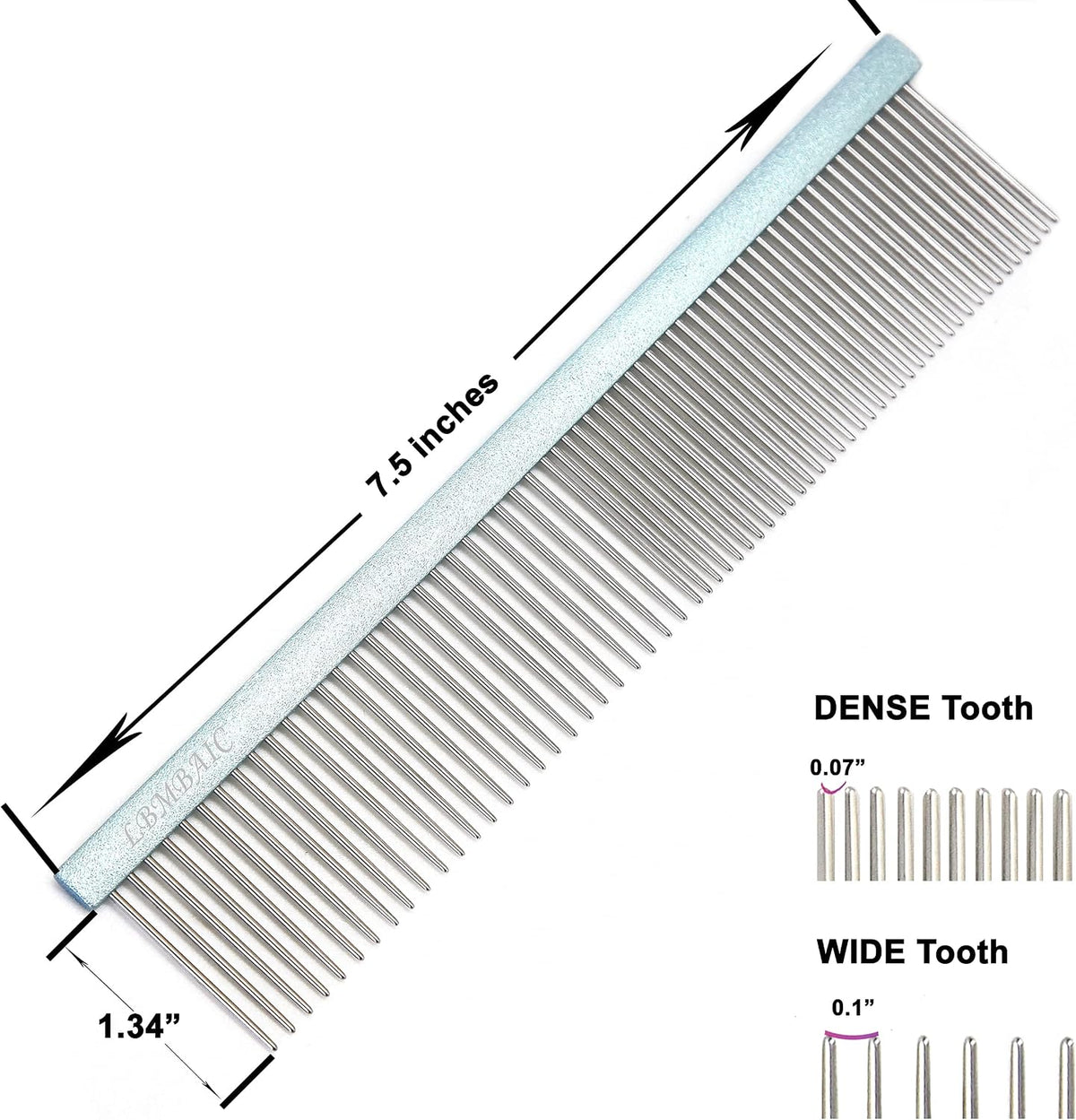 LBMBAIC anti static metal pet comb showing seventy point five inches length dimensions.
