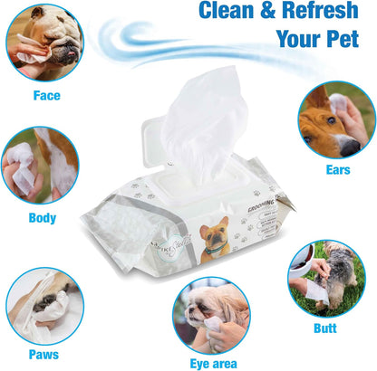 Thick hypoallergenic pet wipes with durable plastic dispenser lid