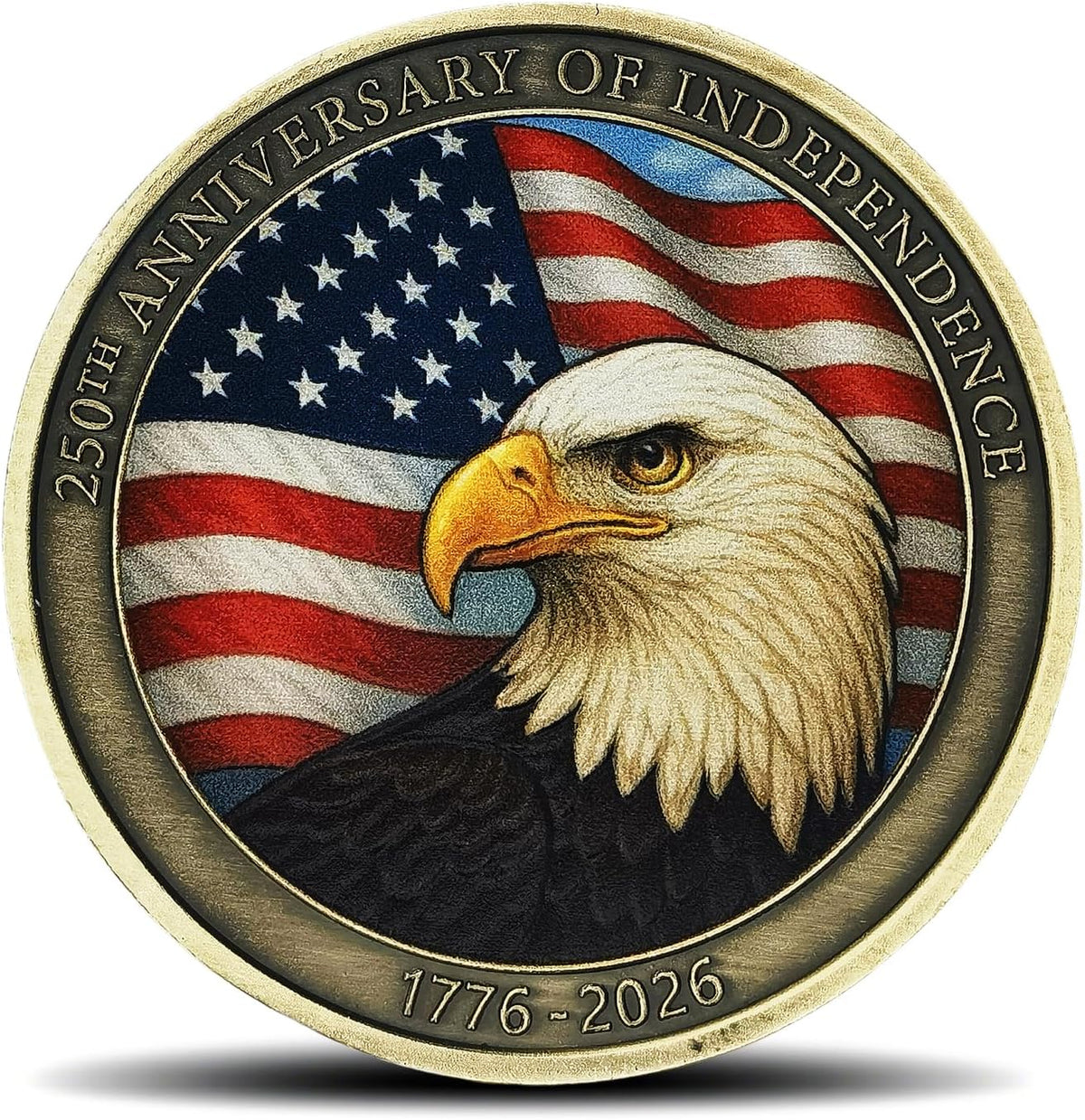 HYuMCCyhT US 250th Independence Anniversary Challenge Coin front view showing the gold-plated bald eagle design over the American flag