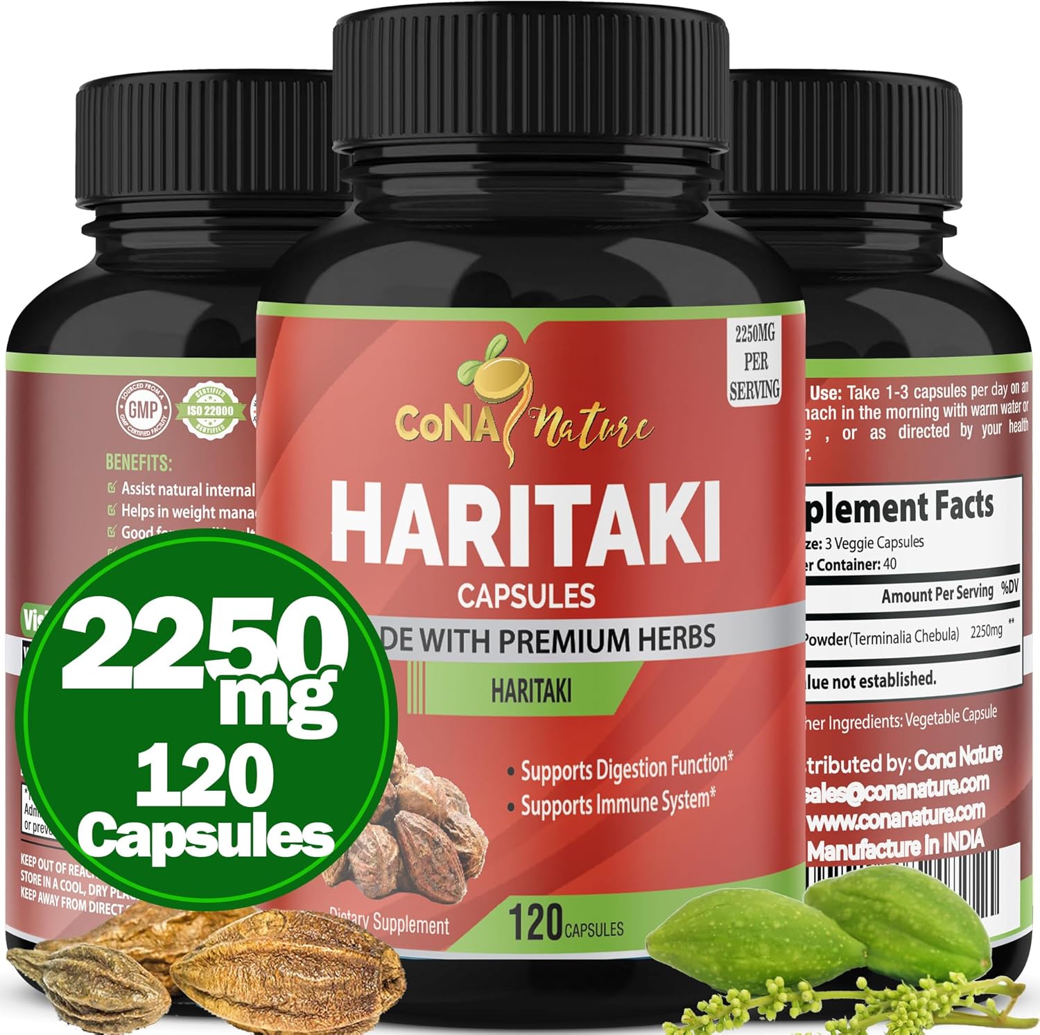 Cona Nature Organic Haritaki Capsules 120 count front view bottle for digestive health