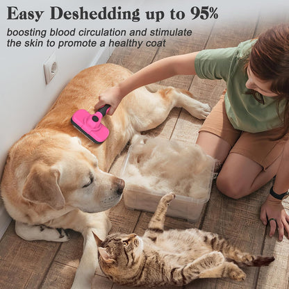 Swihauk self cleaning pet brush removing loose fur from a long haired dog