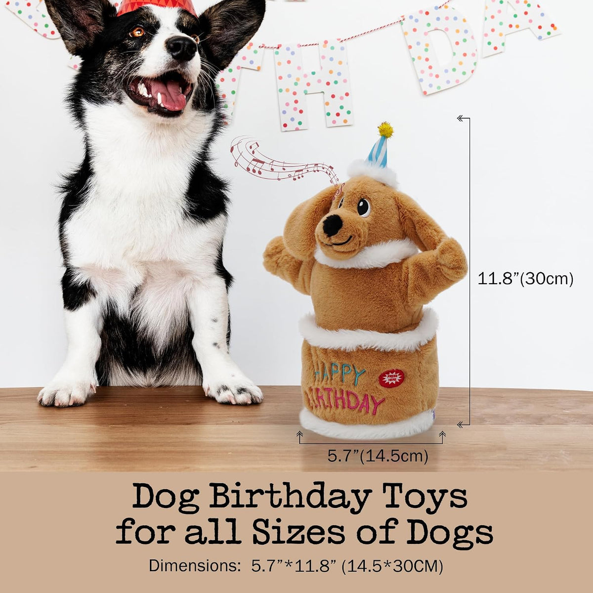 Fuzzwoof musical puppy toy with birthday hat and embroidery