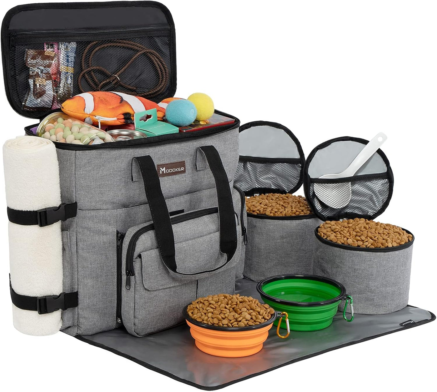 Two black fabric dog food carrier bags filled with kibble