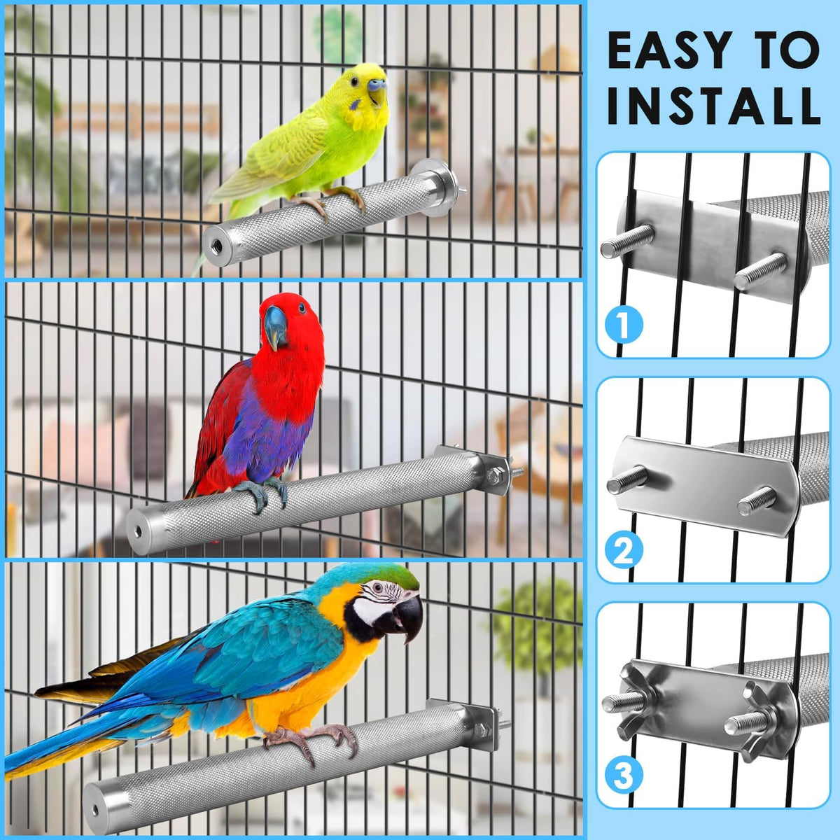 KATUMO Parrot Perch - Stainless Steel African Grey Perch Bird Cage Accessories for Small to Large Parrots (11.8 x 1.2 inch) - Image 3