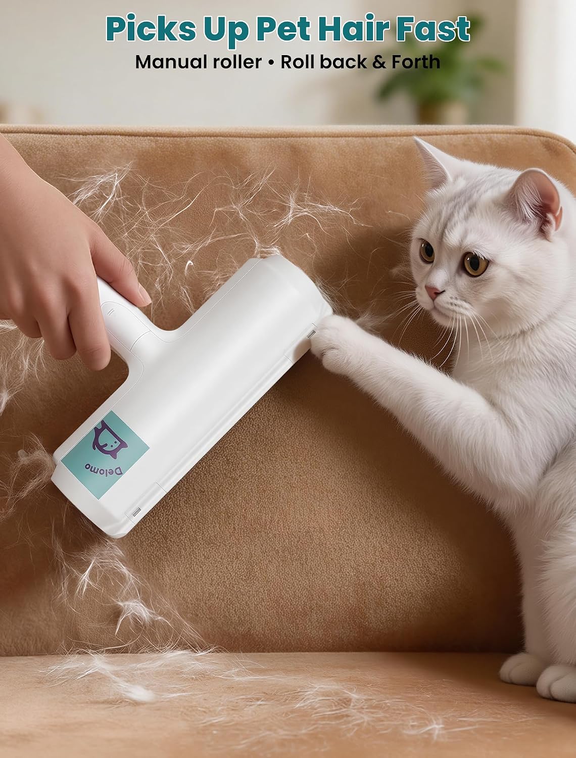 Delomo pet fur removal tool cleaning a sofa cushion