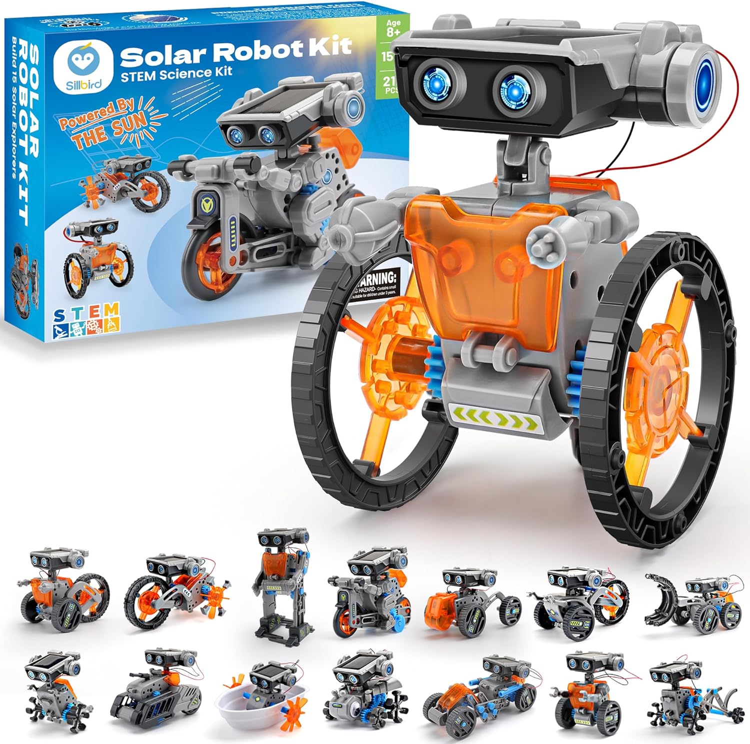 Sillbird 15 In 1 Solar Robot Building Kit front view showing the product packaging and various assembled STEM robot configurations.