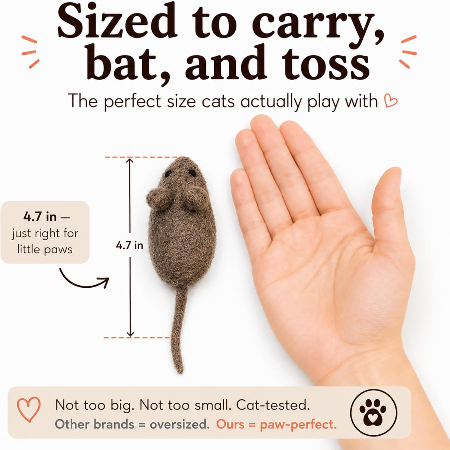Interactive felted wool mice for indoor cats displayed together to show the realistic hunting toy shape