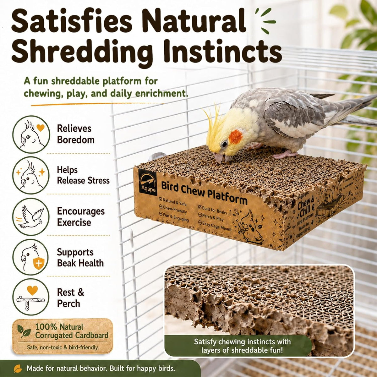 Agape parrot chew toy platform showing the multi-layer corrugated paper texture.