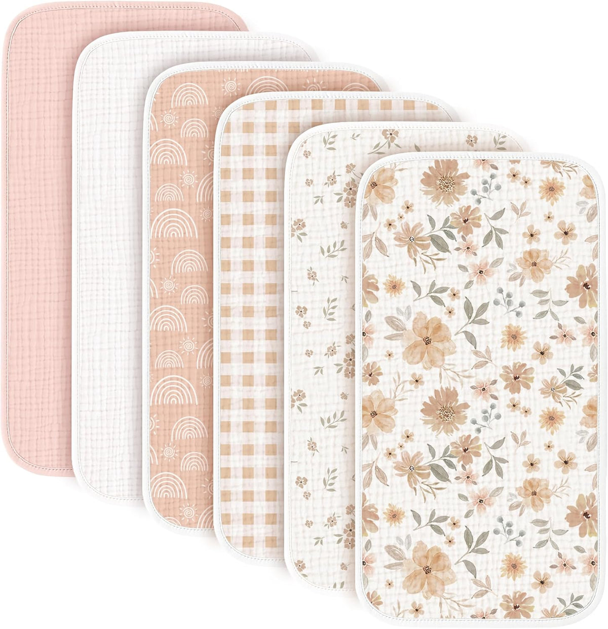 Konssy muslin baby burp cloths front view showing six folded pieces in classic unisex colors.