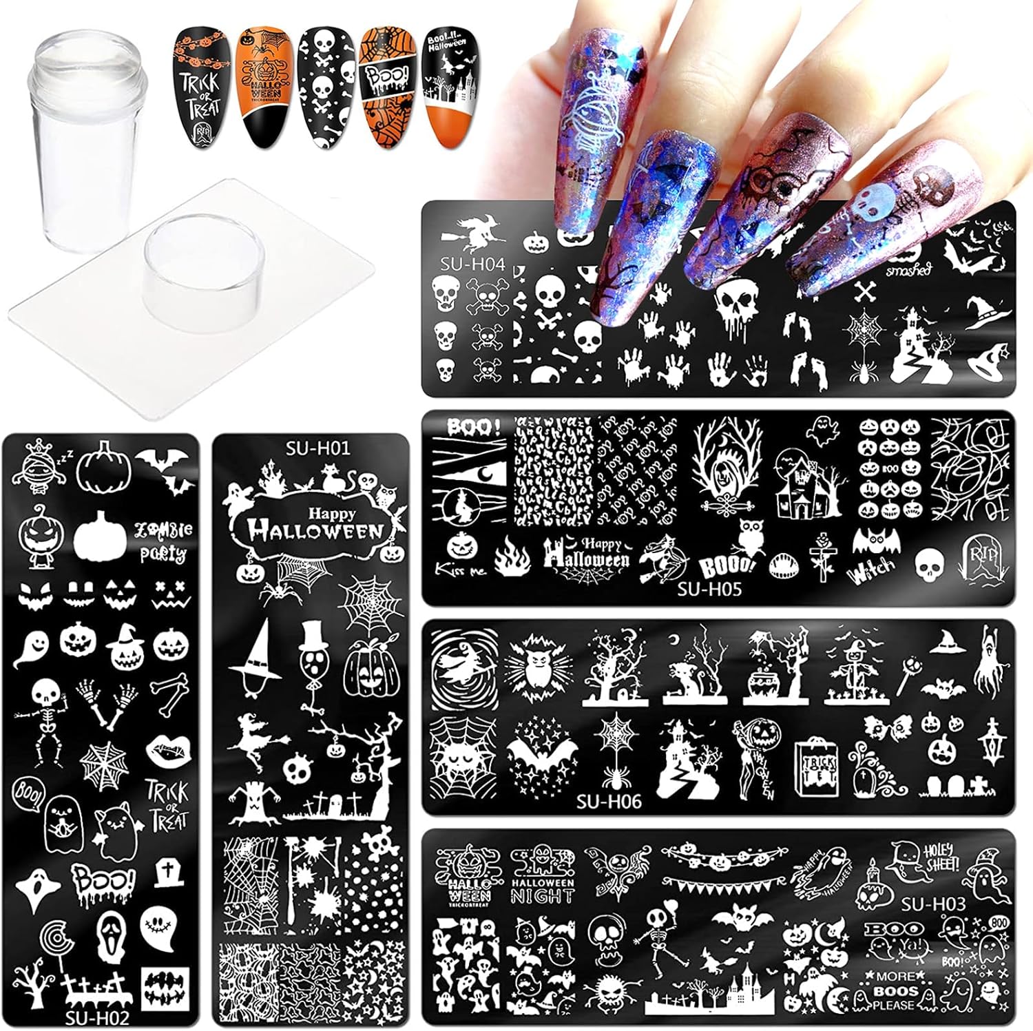 Qdsuh Halloween nail stamper kit with 6 steel plates and tools