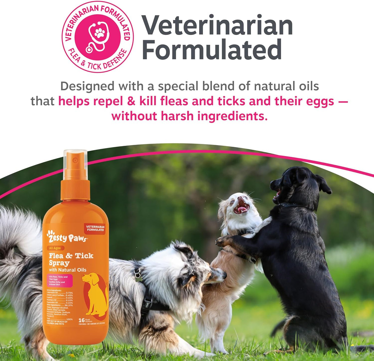 Zesty Paws flea and tick spray bottle with spray nozzle detail