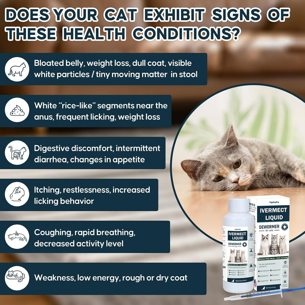 Authentic USA pet care liquid treatment for feline intestinal parasites